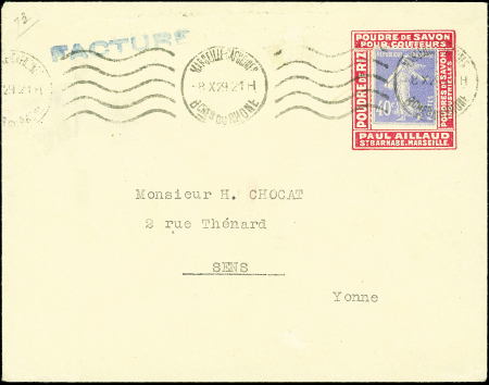 N°237 obl. càd Marseille 8/10/29 s. Env. Porte-timbre POUDRE de SAVON/POUDRE de RIZ/PAUL AILLAUD, TB