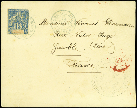 N°46 15c bleu un angle arrondi obl. càd CORR. D'ARMEES NOUMEA 14/2/96 s. Env. gaufrée avec fleurs + cachet Ancre, arr. GRENOBLE 20/3, RR, TB