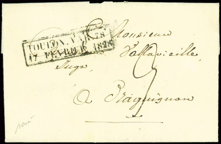 Cachet d'Essai encadré TOULON.VAR 78/17 FEVRIER 1828 sur LAC, TB