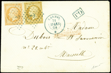 N°21 et 23 obl. ANCRE s. Env., càd CARMEL 31/3/64, le tout en BLEU, arr. MARSEILLE 7/4, Superbe