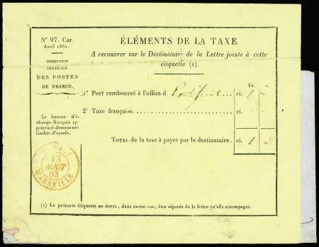 Etiquette jaune N°97 "Eléments de la Taxe" s. Env. de TEBESSA 7/63 à Bône puis Rennes par Marseille, càd rouge 13/8, RR et TB
