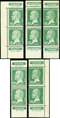 N°170 Pasteur, 10c vert, 5 PAIRES verticales avec bandes pubs Villes Normandes, neuf **, TB