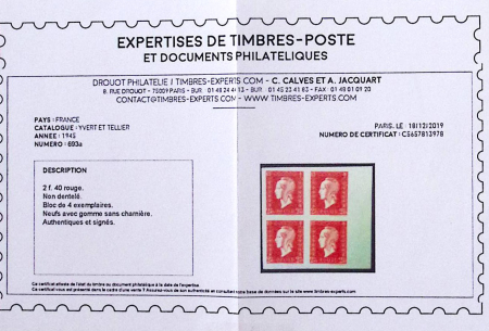 N°693a Dulac, 2f40 rouge ND, en bloc de 4, neuf **,