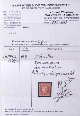 N°7 1 franc vermillon, neuf (*), légèrement entamé,