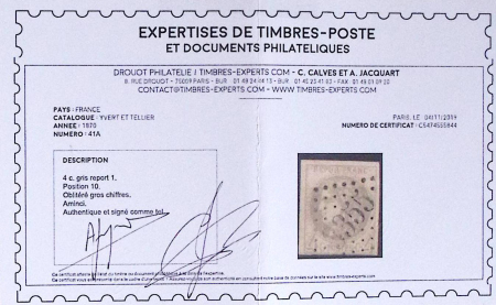 N°41A 4c gris, Report 1, position 10, obl. GC de Segonzac