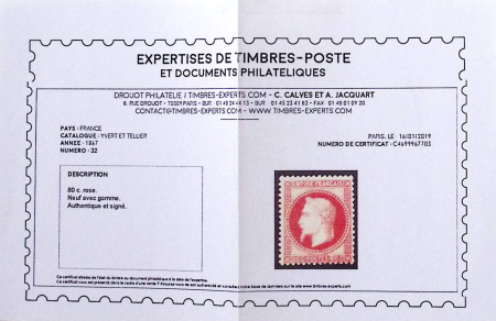 N°32 80c rose, neuf *, TB. Signé + cert. Calves