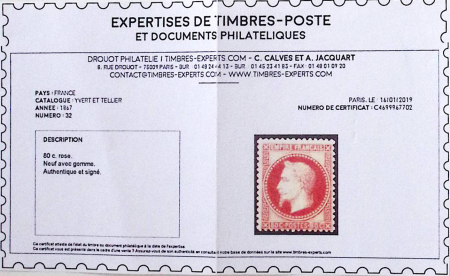 N°32 80c rose, neuf *, TTB. Signé + certificat Calves