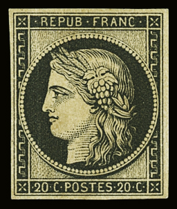 N°3f 20c noir s. jaune, réimpression de 1862, neuf