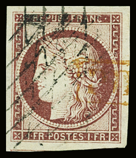 N°6 1fr carmin, obl grille sans fin, réparé, TB. d'aspect.
