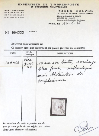 N°34 10 sur 10c bistre, surcharge bleu, oblitération