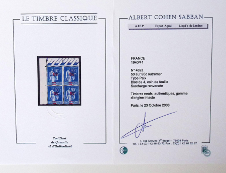 N°482a 50 sur 90c outremer, variété surcharge renversée