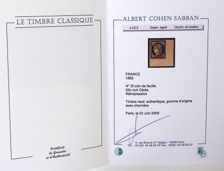 N°3f 20c noir, coin de feuille intégral, neuf *, TTB.