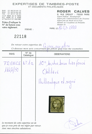 N°1a 10c bistre brun très foncé, nuance exceptionnelle,