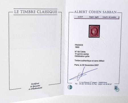 N°6d 1f carmin cerise, obl. grille sans fin, TB. Signé
