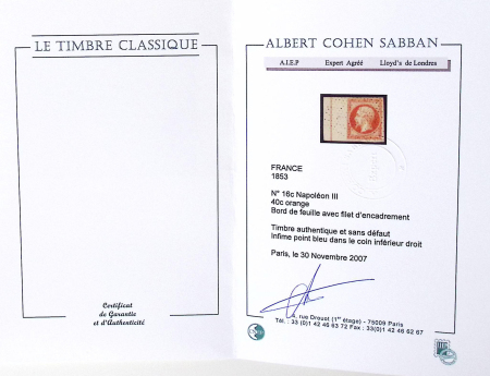 N°16c 40c orange, bord de feuille avec filet d'encadrement,