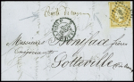 N°13 obl. Losange de points "HP 3°" + CAD ambulant de nuit "Le Havre à Paris C" (1859) + marque manuscrite "Boite de Rouen" sur lettre. TB