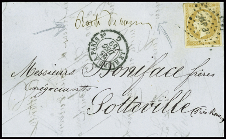 N°13 obl. Losange de points "HP 3°" + CAD ambulant de nuit "Le Havre à Paris C" (1859) + marque manuscrite "Boite de Rouen" sur lettre. TB
