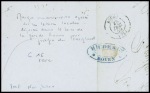 N°13 obl. Losange de points "HP 3°" + CAD ambulant de nuit "Le Havre à Paris C" (1859) + marque manuscrite "Boite de Rouen" sur lettre. TB