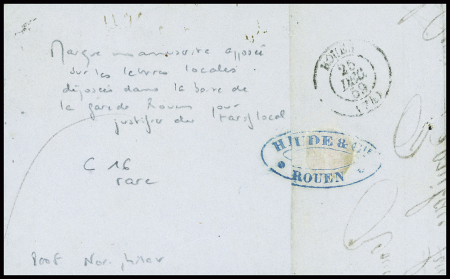 N°13 obl. Losange de points "HP 3°" + CAD ambulant de nuit "Le Havre à Paris C" (1859) + marque manuscrite "Boite de Rouen" sur lettre. TB