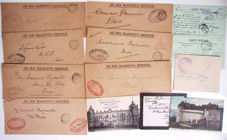 79 lettres en franchise : lettre avec cachet violet "travailleurs chinois Rouen-Port le chef de groupement" (1919), cachet violet avec déesse assise