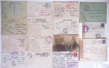 79 lettres en franchise : lettre avec cachet violet "travailleurs chinois Rouen-Port le chef de groupement" (1919), cachet violet avec déesse assise