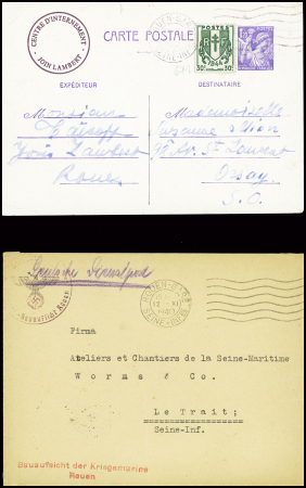 17 plis divers dont entier carte postale 1F20 iris violet d'un collaborateur interné avec cachet rond violet "Centre d'internement Join Lambert" (Rouen 1945), griffe rouge