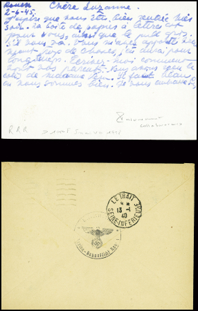 17 plis divers dont entier carte postale 1F20 iris violet d'un collaborateur interné avec cachet rond violet "Centre d'internement Join Lambert" (Rouen 1945), griffe rouge