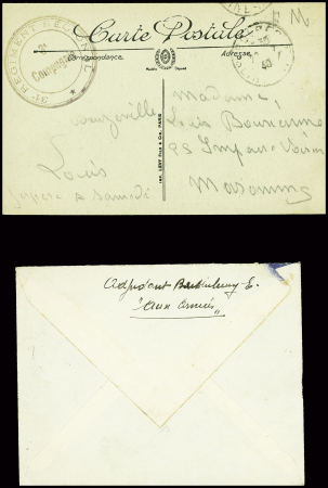 17 plis divers dont entier carte postale 1F20 iris violet d'un collaborateur interné avec cachet rond violet "Centre d'internement Join Lambert" (Rouen 1945), griffe rouge