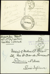 17 plis divers dont entier carte postale 1F20 iris violet d'un collaborateur interné avec cachet rond violet "Centre d'internement Join Lambert" (Rouen 1945), griffe rouge