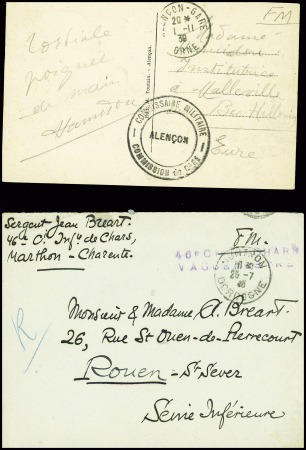 17 plis divers dont entier carte postale 1F20 iris violet d'un collaborateur interné avec cachet rond violet "Centre d'internement Join Lambert" (Rouen 1945), griffe rouge