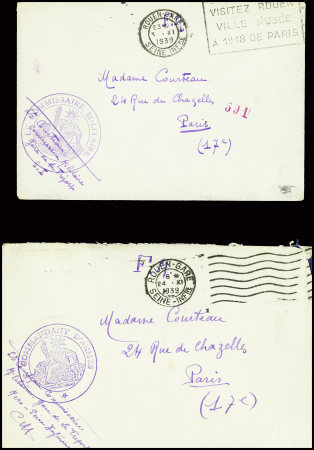 17 plis divers dont entier carte postale 1F20 iris violet d'un collaborateur interné avec cachet rond violet "Centre d'internement Join Lambert" (Rouen 1945), griffe rouge