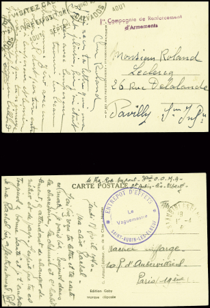 17 plis divers dont entier carte postale 1F20 iris violet d'un collaborateur interné avec cachet rond violet "Centre d'internement Join Lambert" (Rouen 1945), griffe rouge