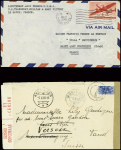 17 plis divers dont entier carte postale 1F20 iris violet d'un collaborateur interné avec cachet rond violet "Centre d'internement Join Lambert" (Rouen 1945), griffe rouge