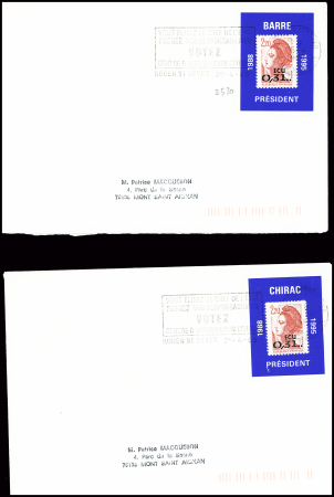 6 lettres avec n°2530, 0,31 écu Liberté obl. Rouen sur porte-timbres bleus ou rouges des candidats à l'élection présidentielle 1988 : Barre - Chirac - Le Pen - Juquin - Lajoinie - Mitterrand