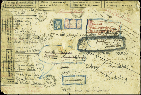 N°181 + 263 obl. Marseille (1932) sur grande lettre "Tour du monde" avec CAD d'escales de Nouméa, Papeete, San Francisco, Tamatave, Hanoï, New York, Pondichery, avec consolidations