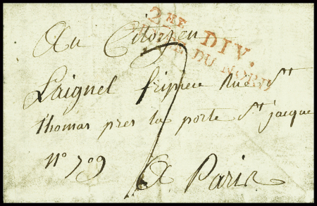 Lettre avec MP rouge "2me div armee du Nord" avec à l'intérieur sceau de cire rouge "1er bataillon du Loiret" (1792). TB