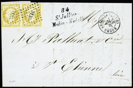N°13 en paire (l'ex de gauche touché) obl. PC 3138 + cursive "84 St Jullien Molin Molette" + T15 "Bourg Argental (84)" (Loire, 1854). TB