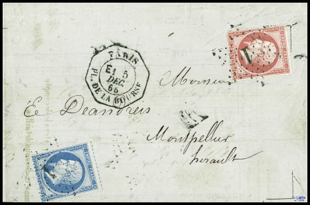 N°22 + 24 obl. Étoile 1 + CAD octogonal de levée exceptionnelle "Paris Pl. de la Bourse E1" (1865) sur lettre. TB