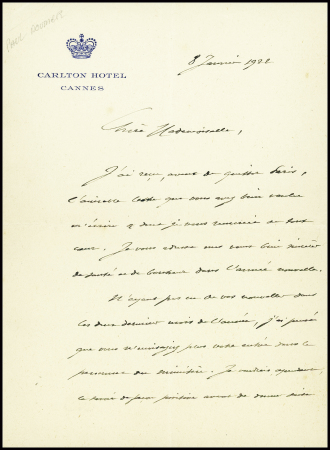 Papier à en-tête du Carlton Hotel de Cannes avec texte et signature autographe de Paul Doumer (1922 - Paul Doumer sera Président de la République en 1931)