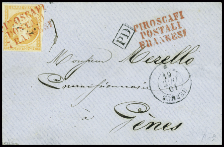 N°16 obl. CAD "Hermus*" (1861) répété à côté + griffe rouge "Piroscafi postali francesi" sur le timbre et répétée à côté sur lettre