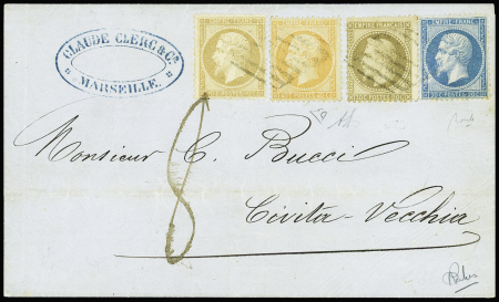 N°21 + 22 + 23 + 30 obl. Grille de Livourne sur lettre de Marseille pour Civita Vecchia avec taxe manuscrite 8 (1867), bel AFF quadricolore, certificat Calves. TB