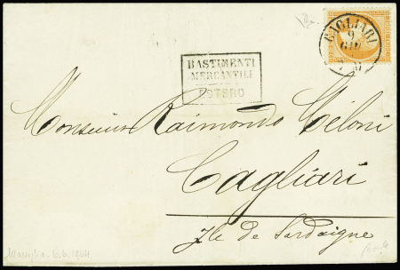 N°23 obl. CAD "Cagliari" (1864) sur lettre de Marseille pour Cagliari (Sardaigne) avec à côté griffe encadrée noire "bastimenti mercantili estero" (Salles n°708) R