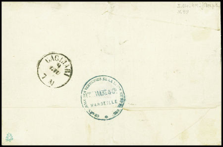 N°23 obl. CAD "Cagliari" (1864) sur lettre de Marseille pour Cagliari (Sardaigne) avec à côté griffe encadrée noire "bastimenti mercantili estero" (Salles n°708) R