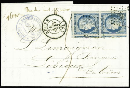 N°4, paire verticale avec très grandes marges obl. PC 2738 + T15 "Rouen (74)" (1852) avec mention manuscrite "16 GR - timbre insuffisant" + taxe 5 manuscrite sur lettre. TB