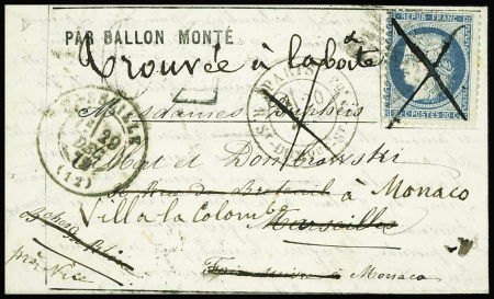 N°37 obl. Étoile 20 + CAD "Paris R. St DOMque St Gn 53" (20 dec 70) sur ballon monté  pour Marseille (arrivée 29 dec - Le Lavoisier), réexpédié à Monaco (avec arrivée 30 dec 70). TB