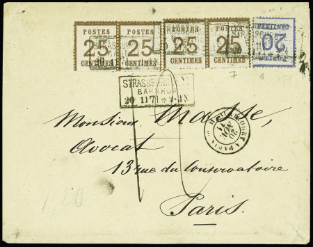 Alsace n°6 + 7, 4 pièces obl. Rect "Strassburg i. Els Bahnof" (20.11.71) sur lettre pour Paris avec taxe 12 manuscrite. Rare et TB