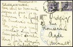 N°413, 2 pièces obl. Pamiers Ariège (1940) sur carte postale avec cachet bleu "158e Cie de travailleurs espagnols - la vaguemestre". TB