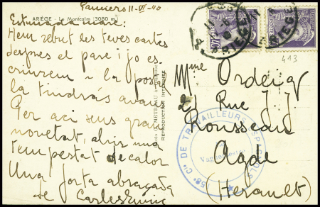 N°413, 2 pièces obl. Pamiers Ariège (1940) sur carte postale avec cachet bleu "158e Cie de travailleurs espagnols - la vaguemestre". TB