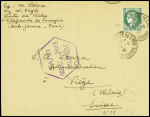 N°375 obl. Villefranche de Lauragais Hate Garonne (1940) sur lettre pour la Suisse avec grand cachet hexagonal violet "saisi par l'autorité militaire". TB