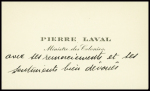 Carte de visite "Pierre Laval ministre des colonies" avec 2 lignes manuscrites. TB